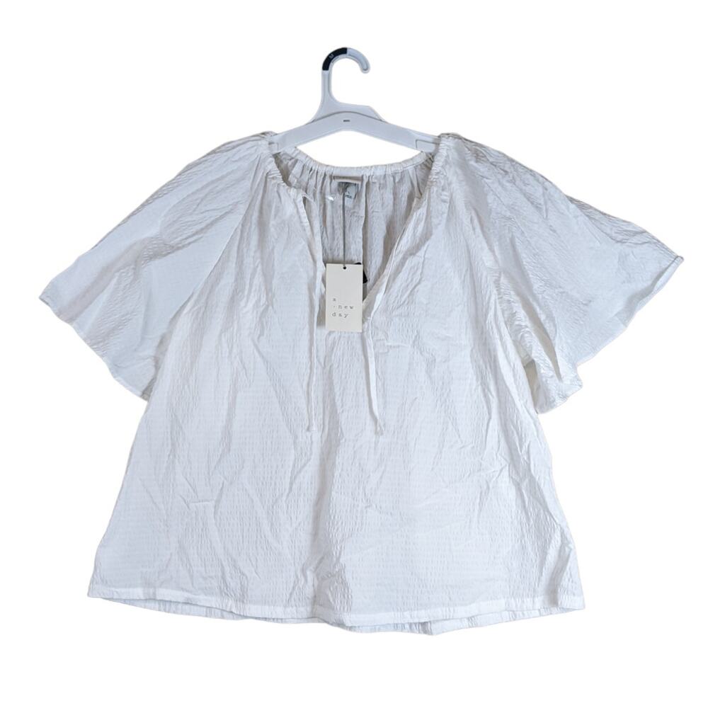 A New Day Popover Top Womens Large Flounce Short Sleeve VNeck Tie Front White - Picture 1 of 10